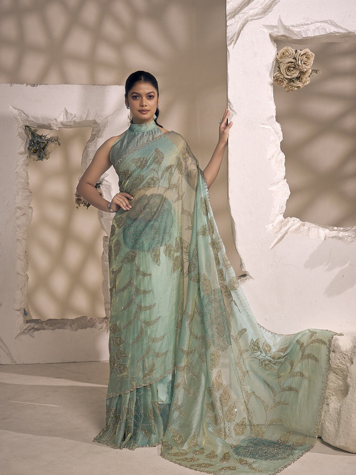 Light Blue organza saree view 3