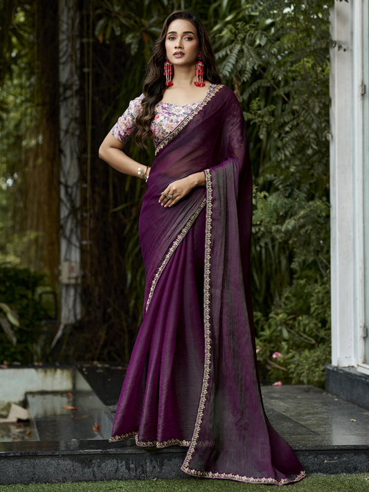 Wine solid chiffon saree with multicolored blouse piece