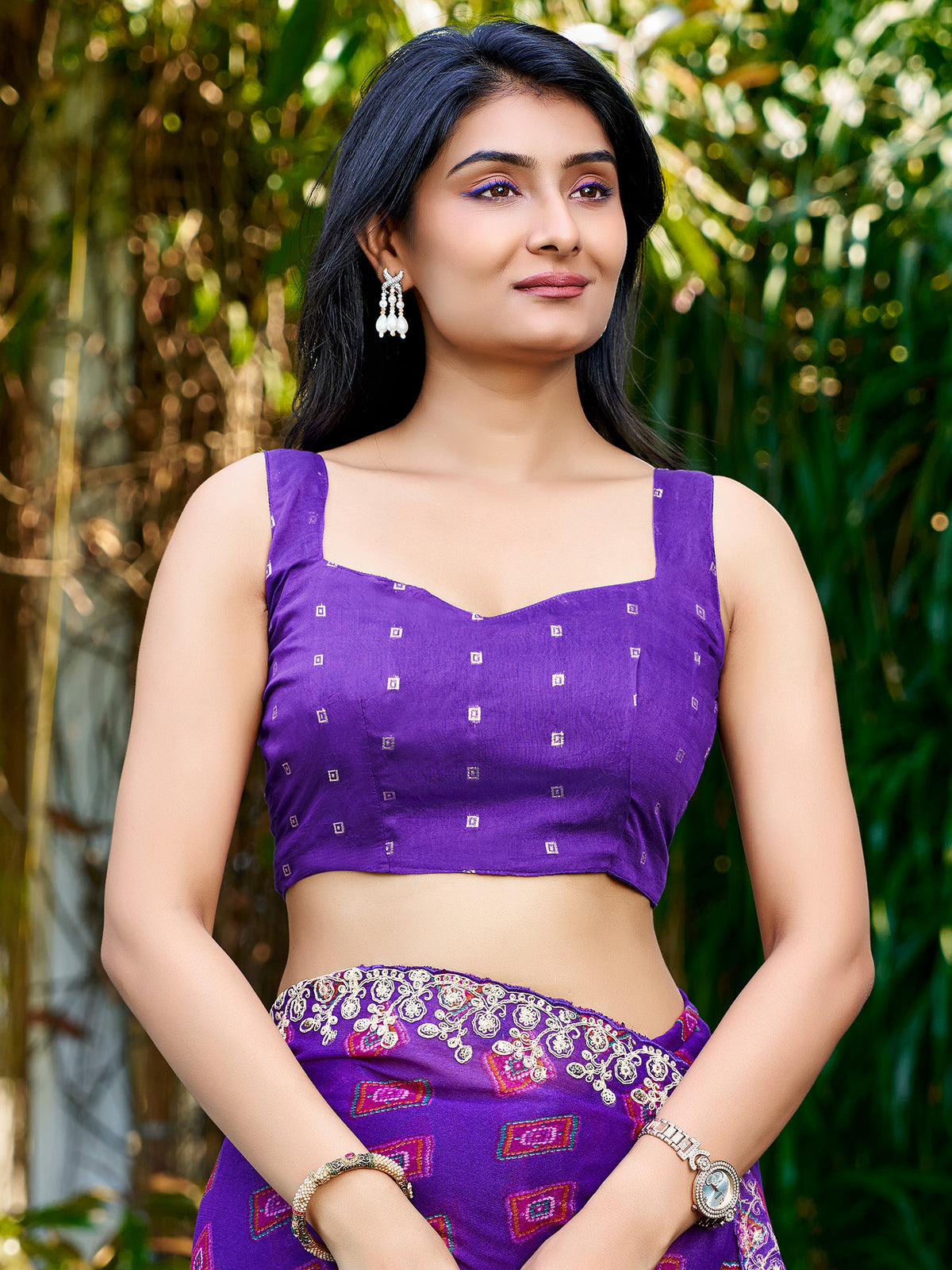 Unstitched purple georgette blouse piece with zari butta design