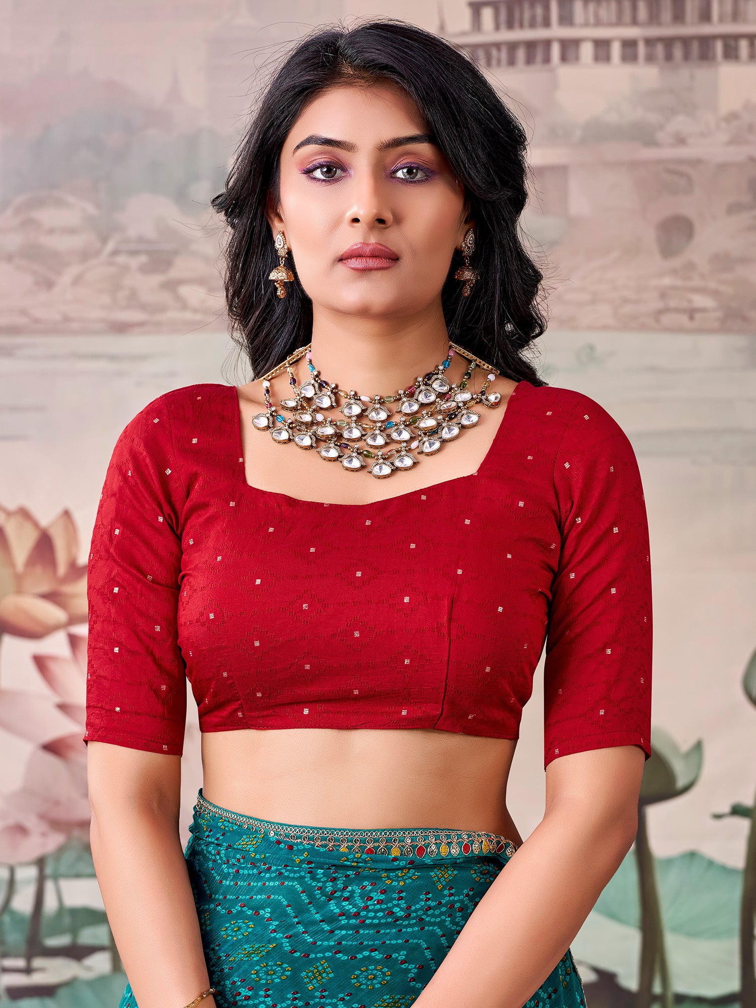 Unstitched maroon georgette blouse piece with zari butta design