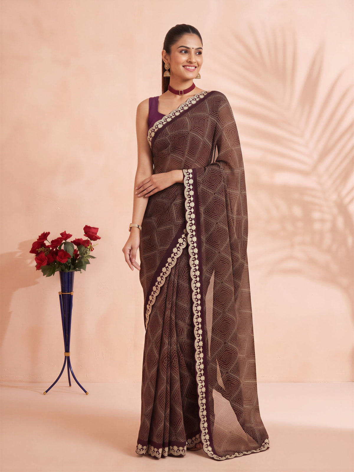 Wine Georgette saree – detail view 3