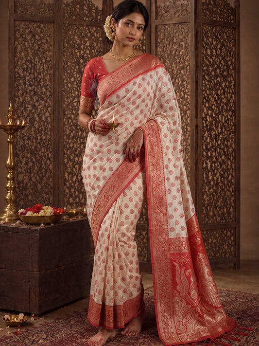 Woman wearing white banarasi silk saree with zari butta (metallic motif) work and red blouse