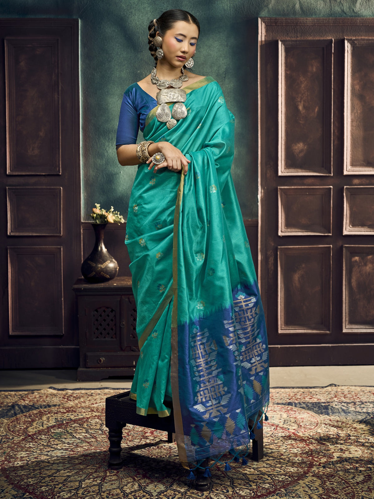 Teal Blue silk blend saree view 3