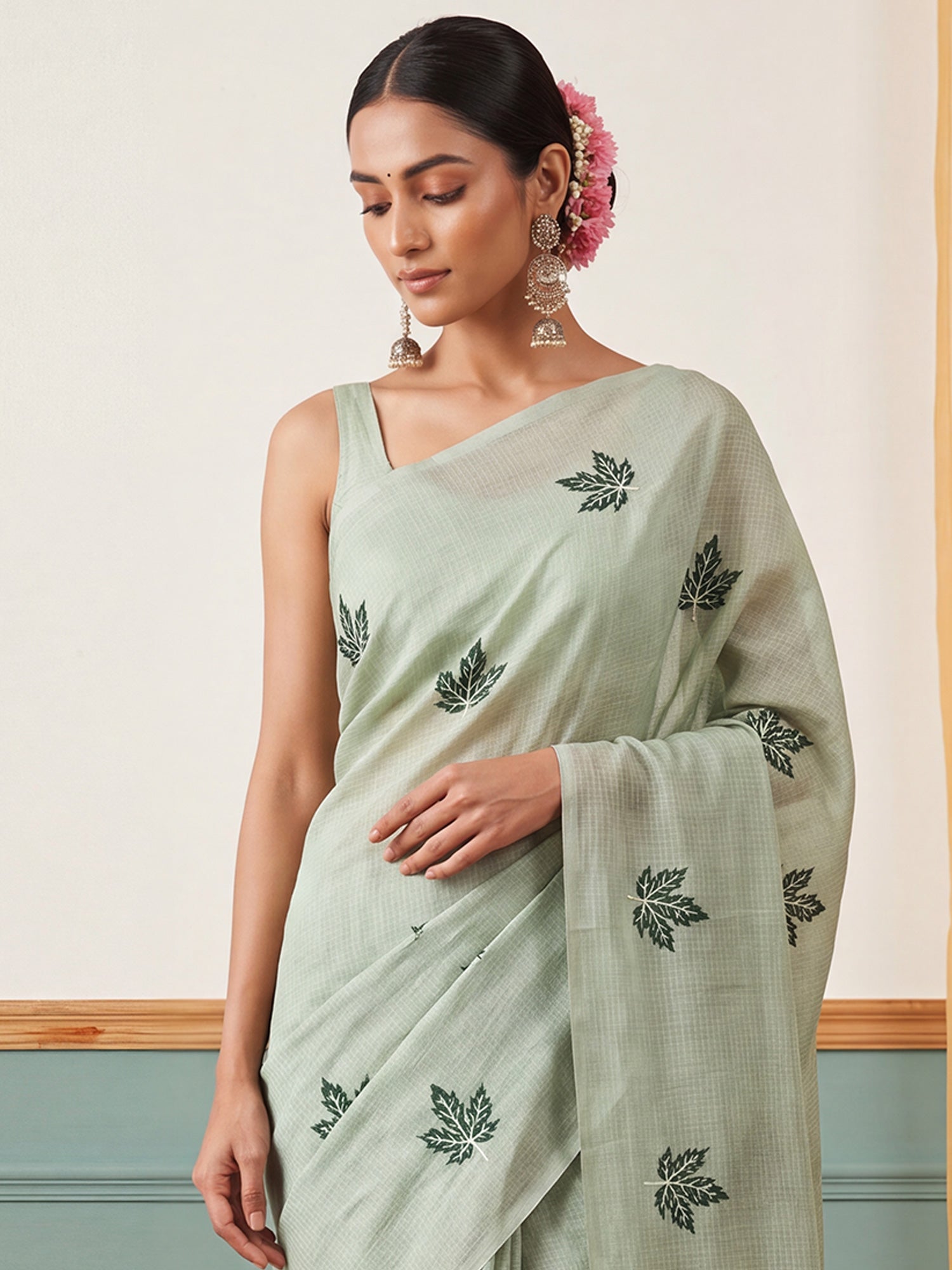 Mint Green Kota Doria Cotton saree – detail view 4