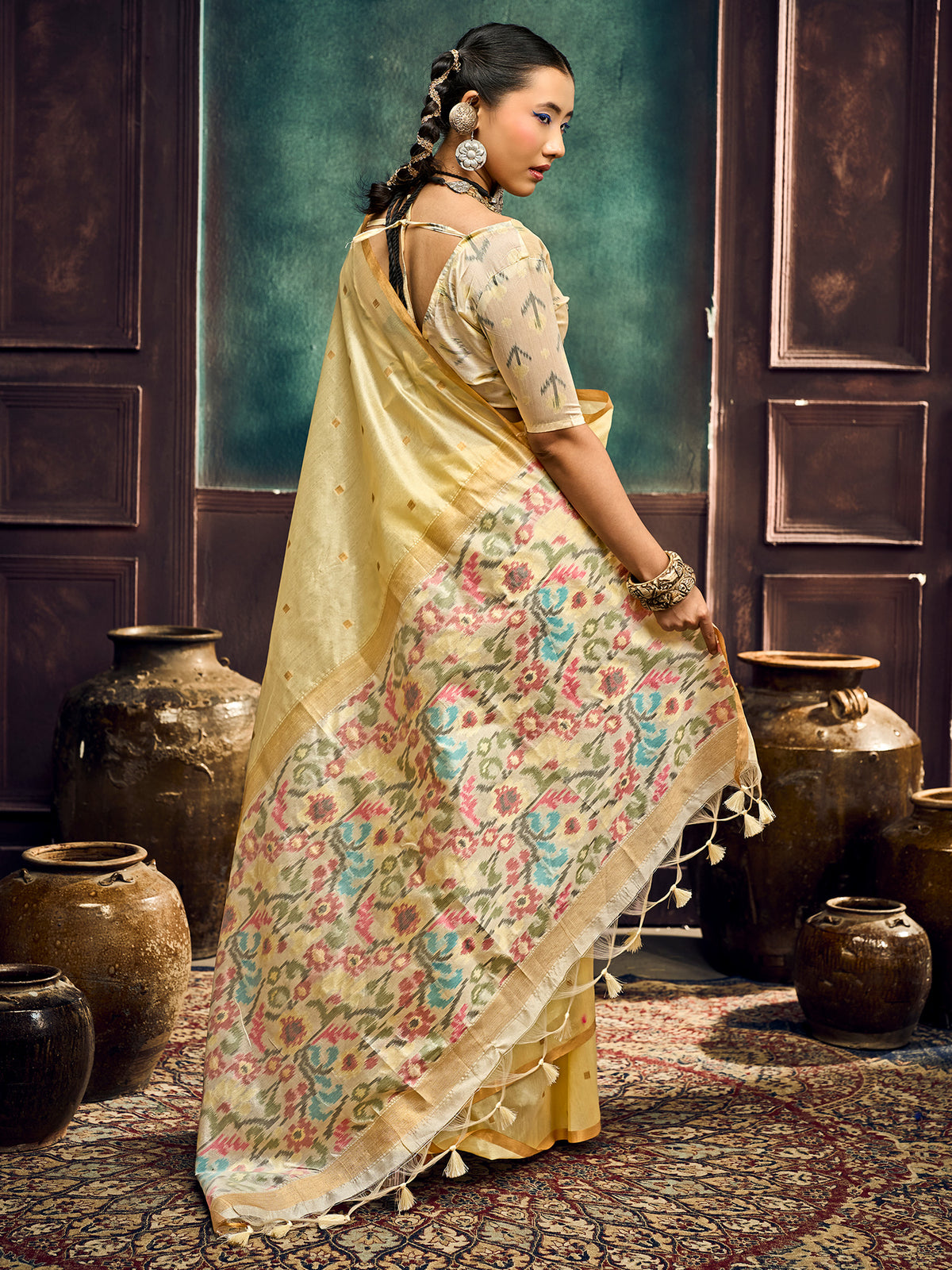 Yellow Cotton Silk saree – detail view 1