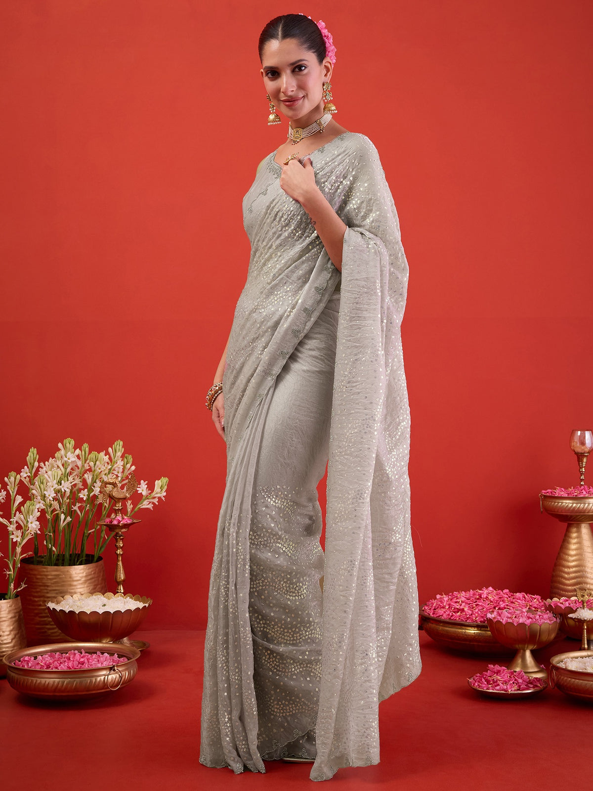 Grey Satin saree – detail view 6