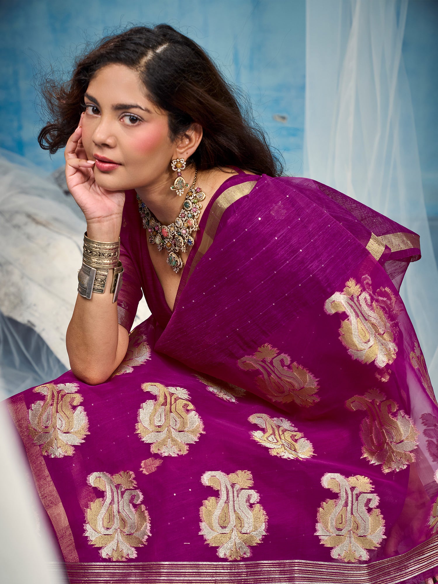 Magenta Muga Silk saree – detail view 3