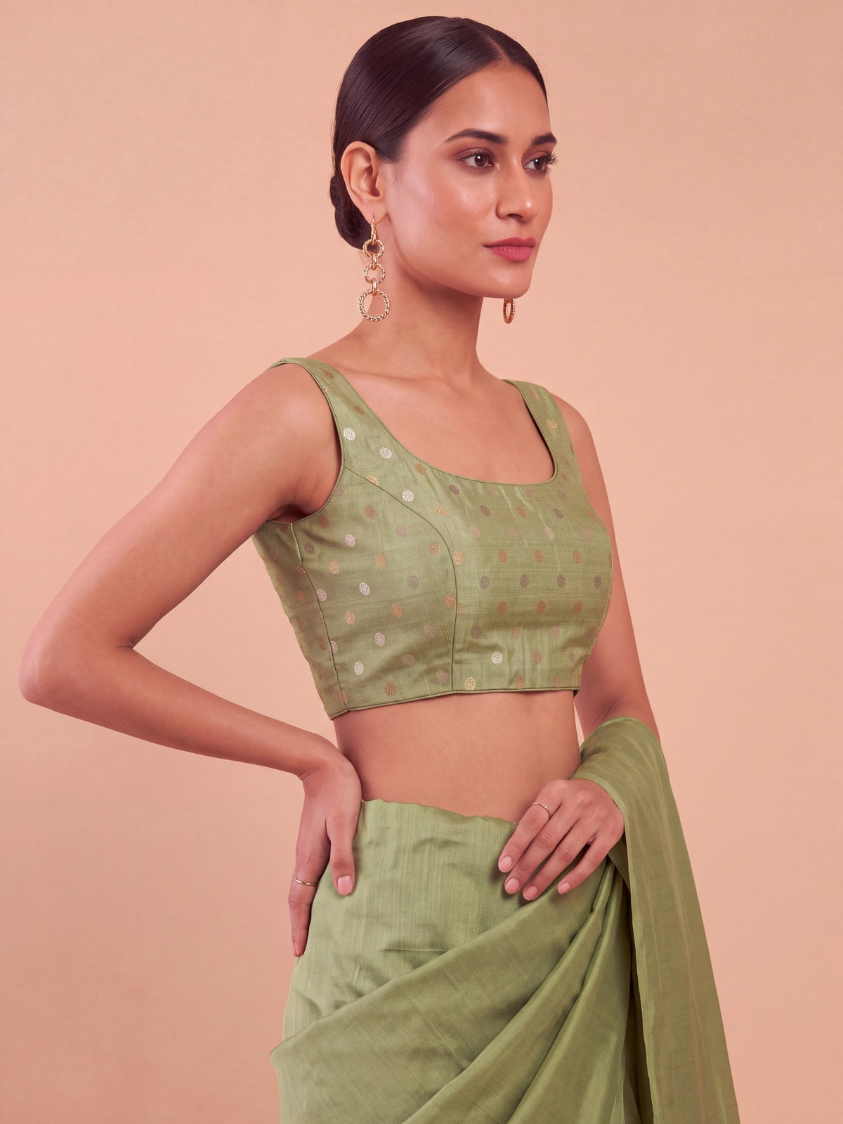 Sea Green zari woven georgette sleeveless readymade saree blouse with round neck view 3