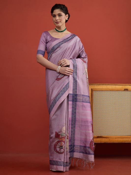 Lavender ethnic motif art silk saree with lavender blouse piece