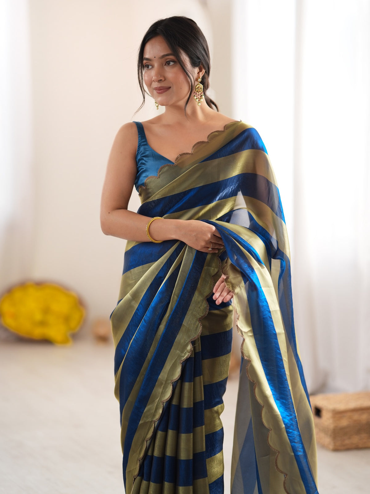 Teal Blue Satin saree – detail view 4