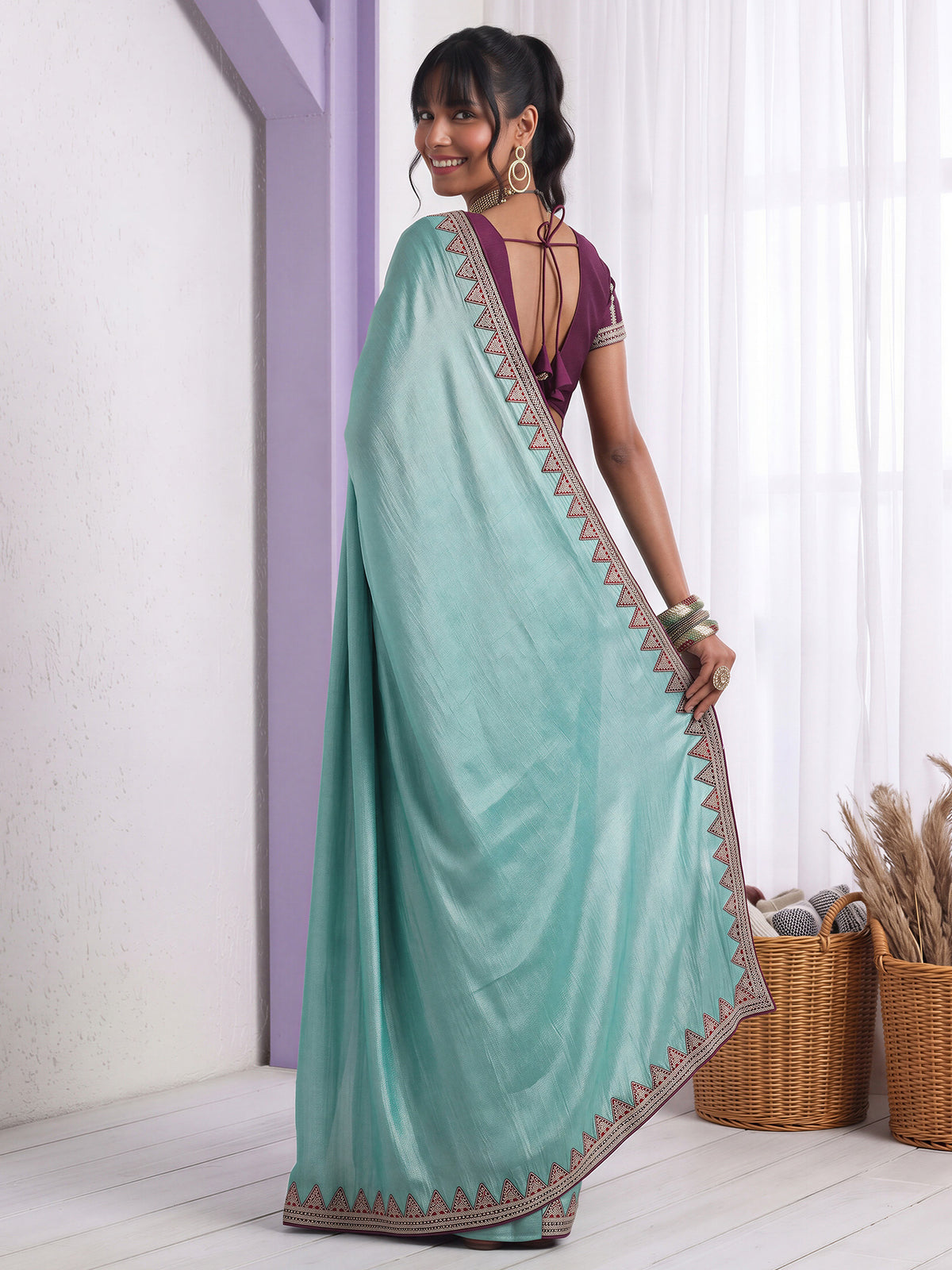 Light Blue Vichitra Silk saree – detail view 1