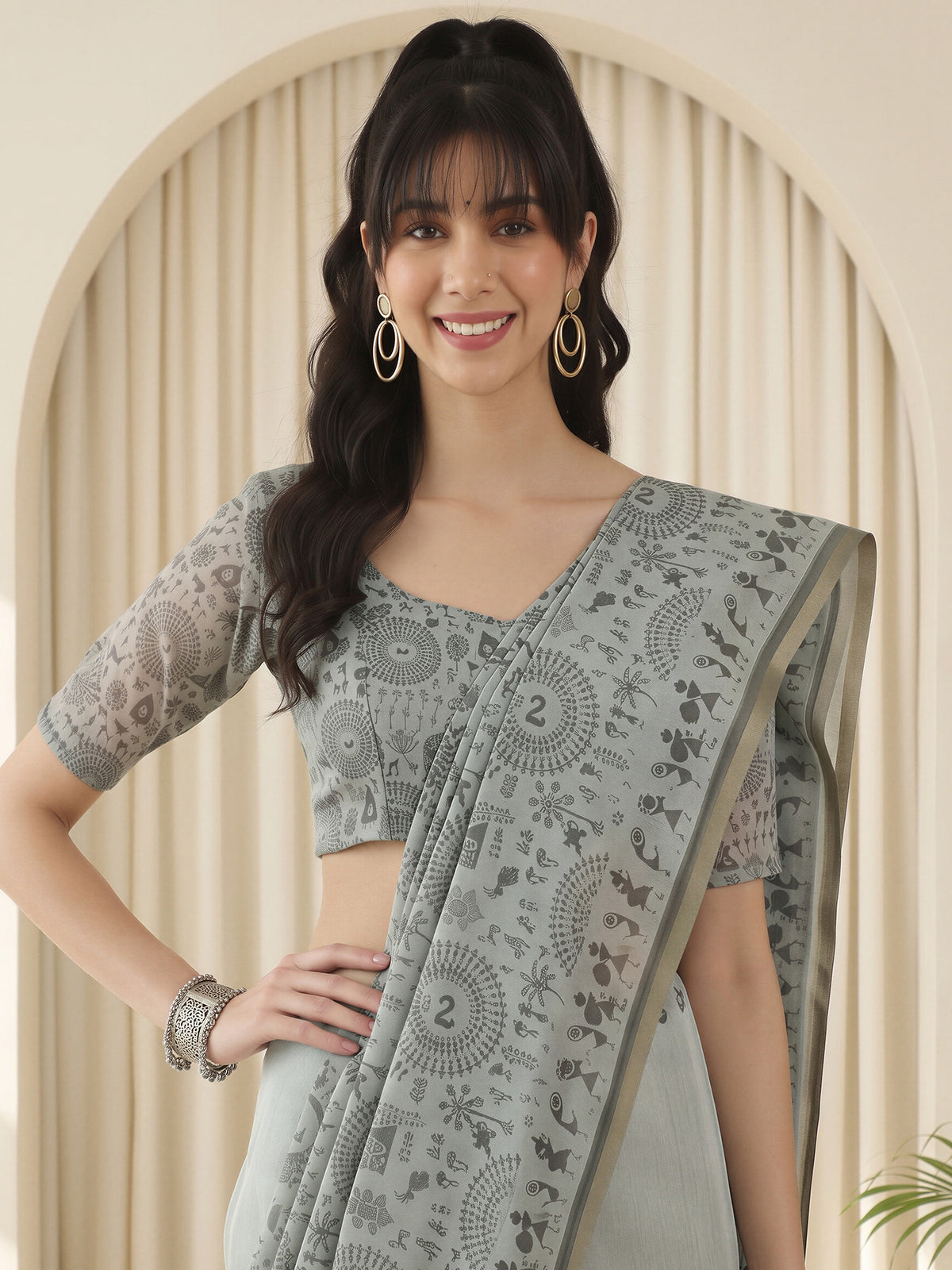 Grey Cotton Linen saree – detail view 4
