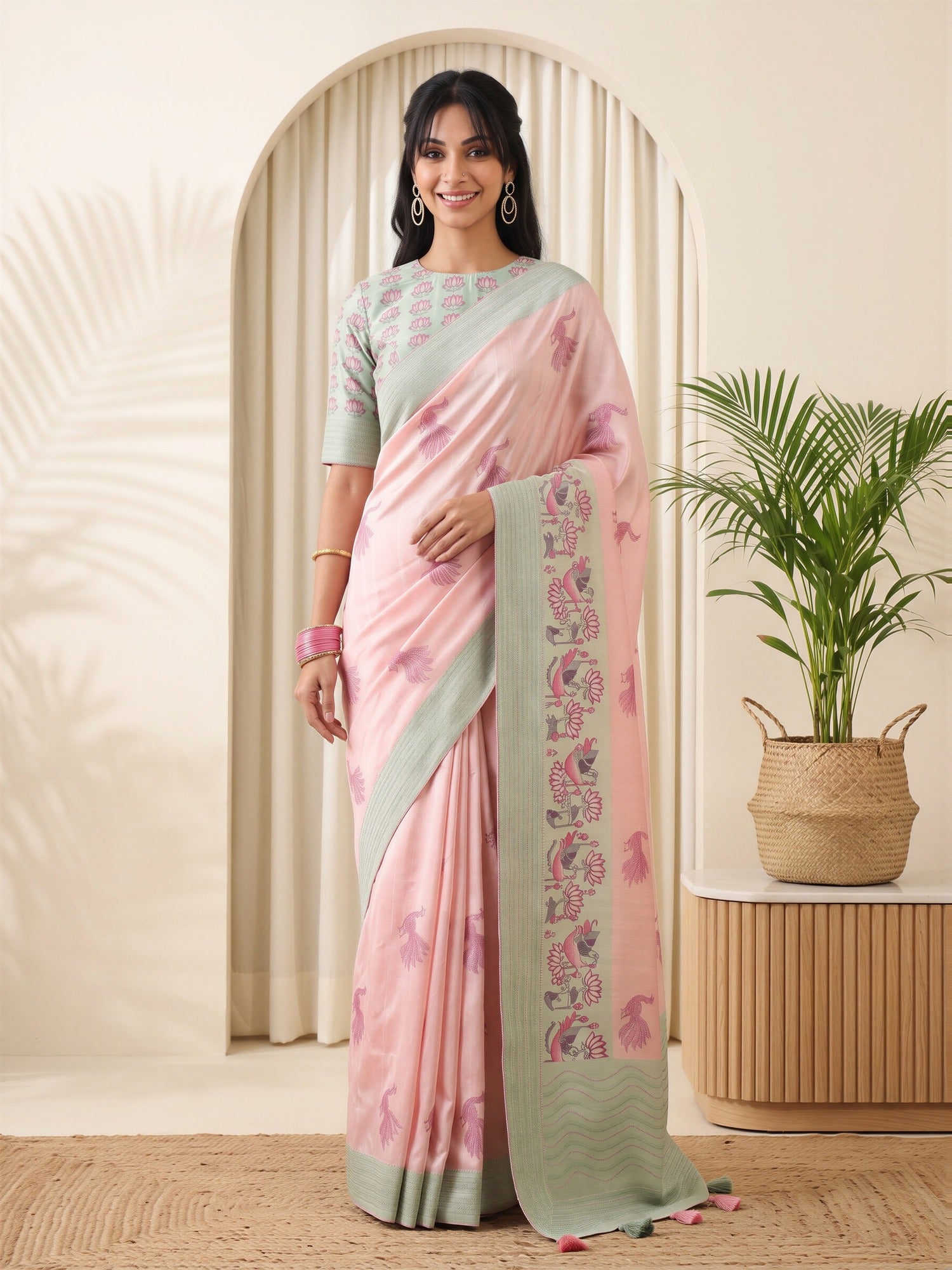Woman wearing pink silk blend saree with peacock motif design and light green blouse