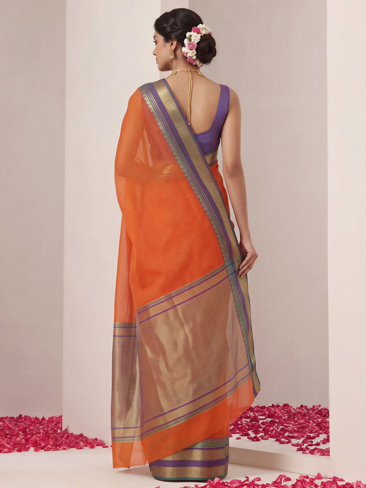 Orange kota doria cotton saree view 1