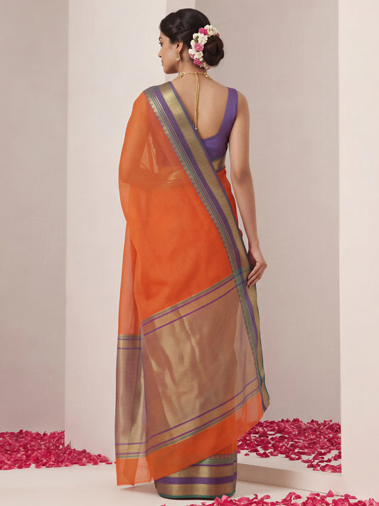 Orange kota doria cotton saree view 1
