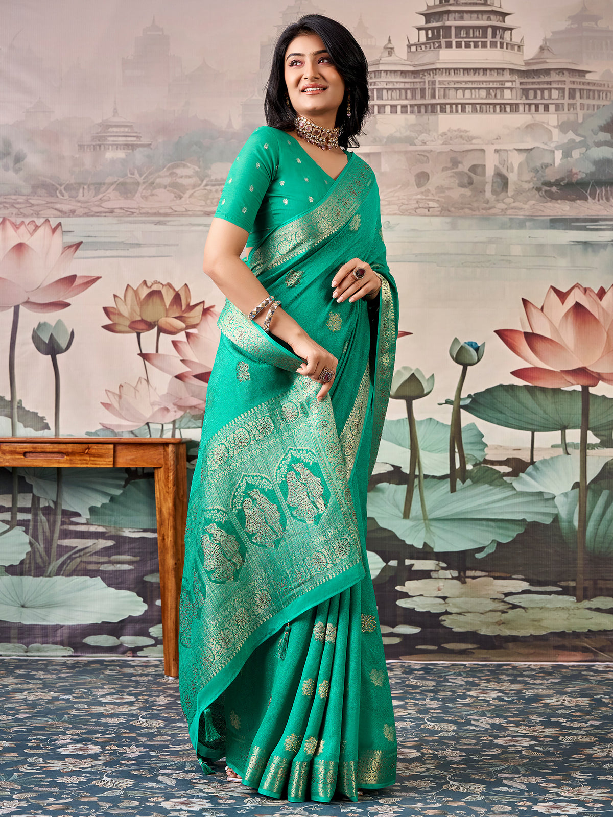 Teal Green Georgette saree – detail view 1