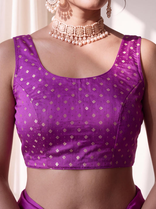Violet zari woven silk blend sleeveless readymade saree blouse with round neck view 1