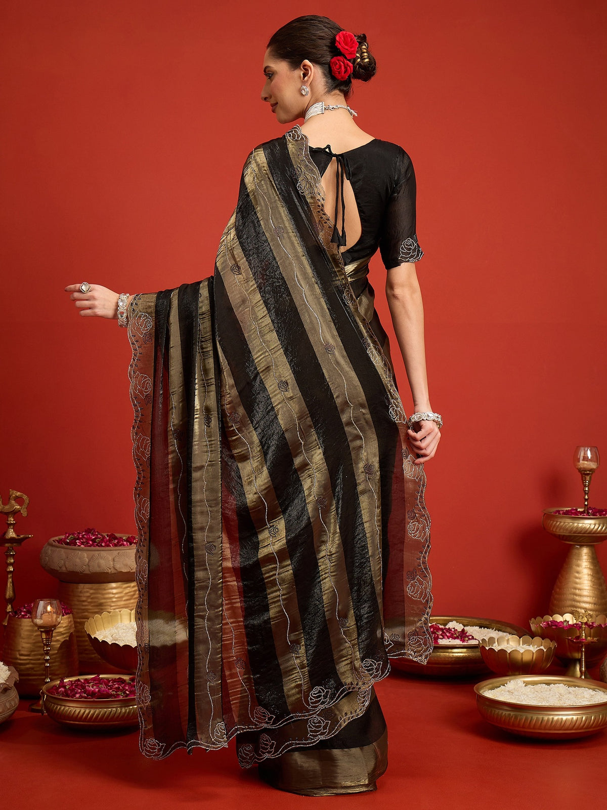 Black Satin Silk saree – detail view 6