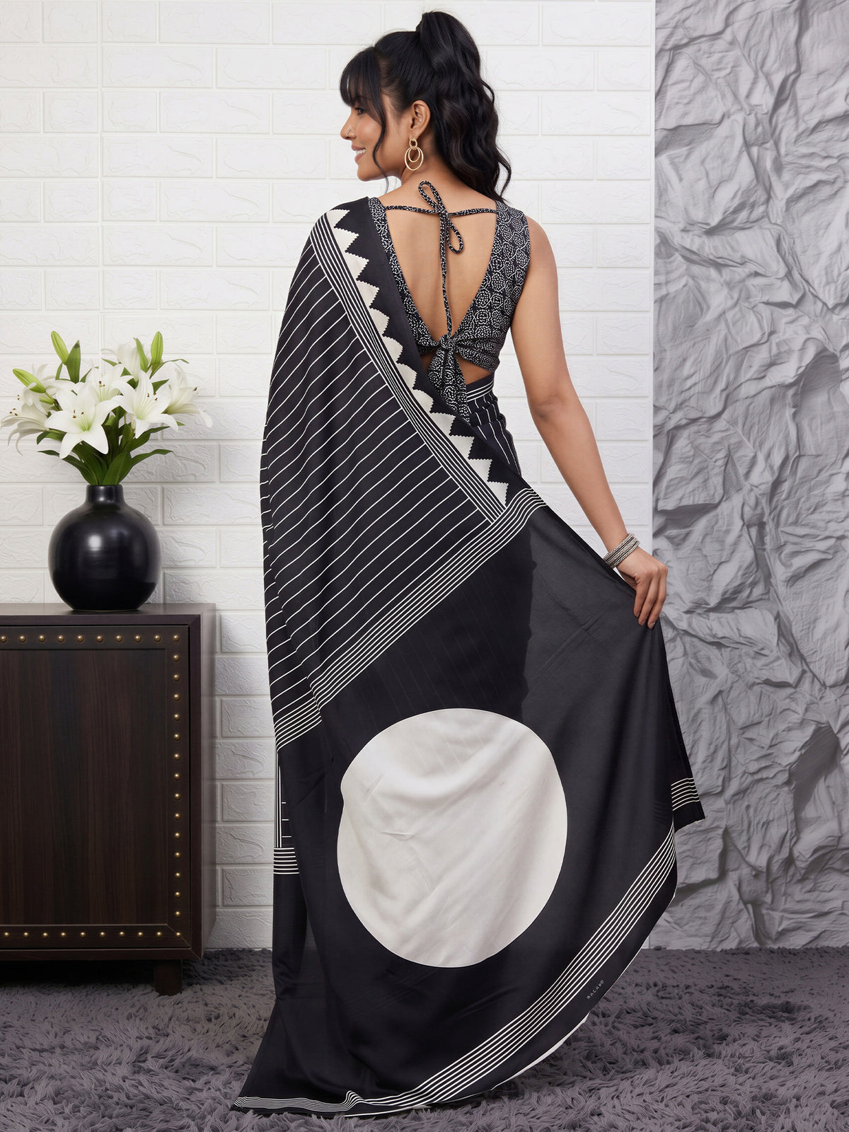 Black Satin saree – detail view 1