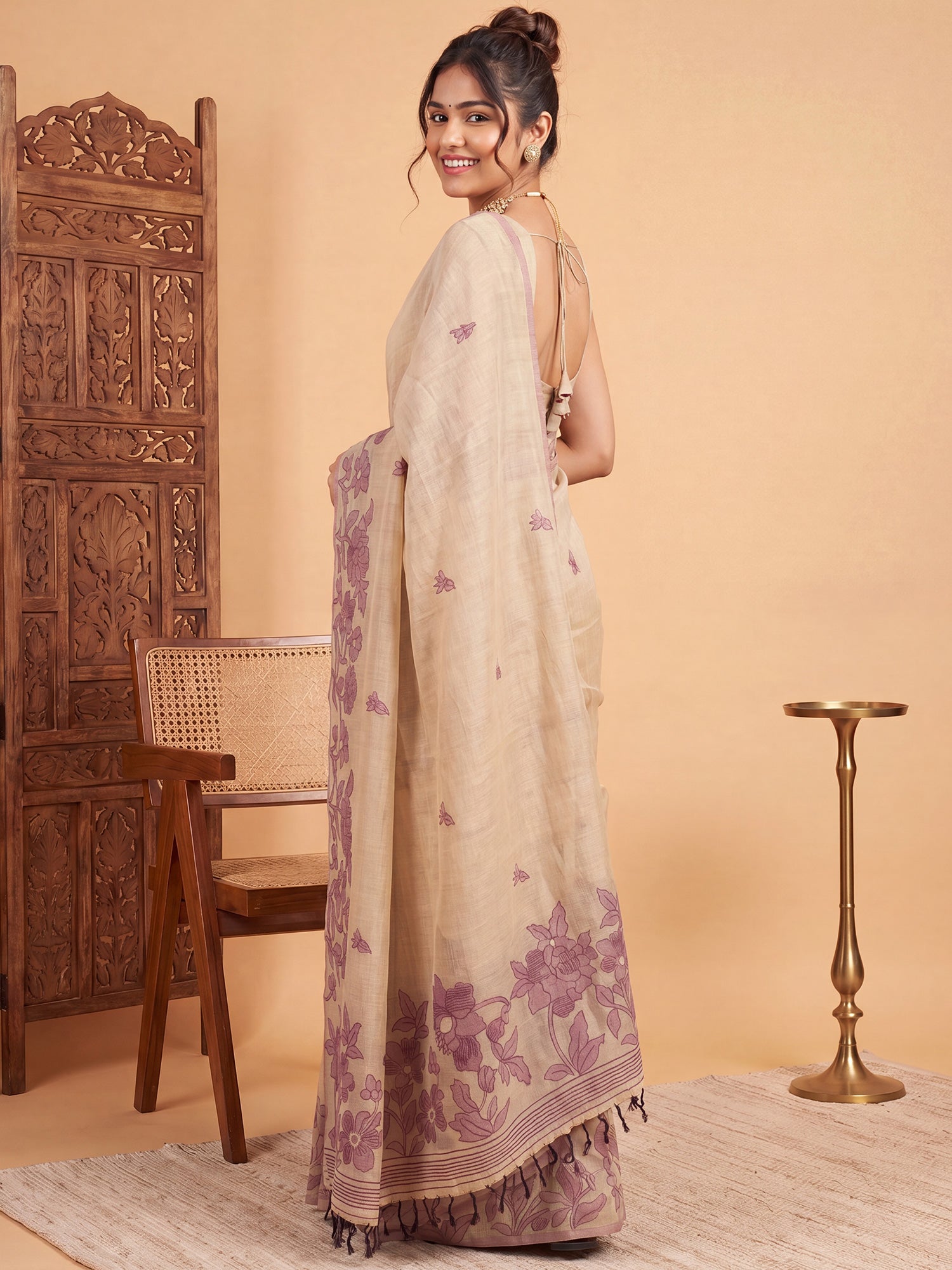 Cream Chanderi Cotton saree – detail view 1