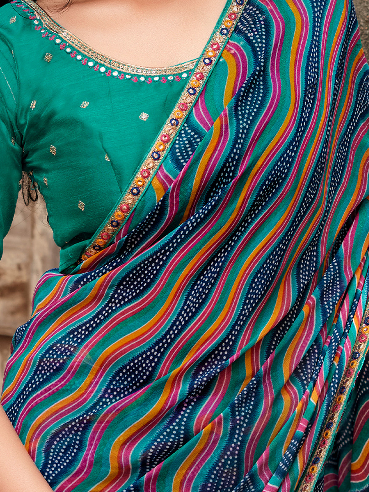 Teal Blue georgette saree view 3