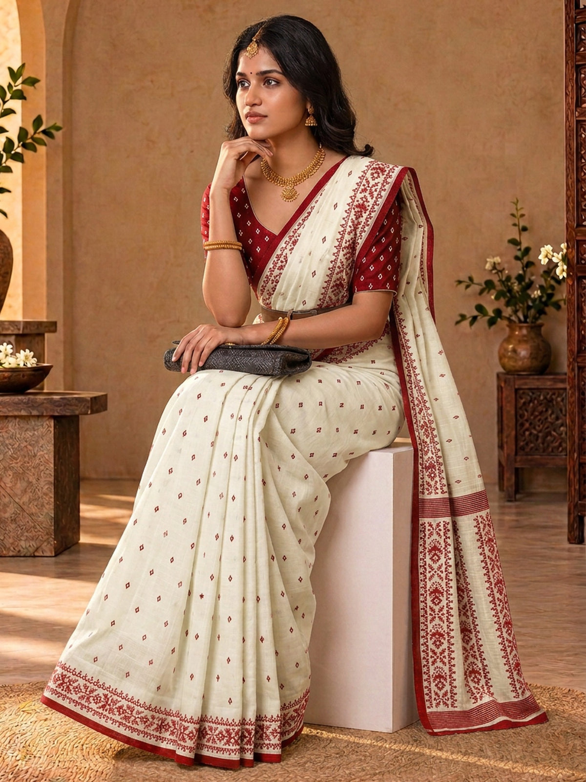 Off White tussar silk saree view 3