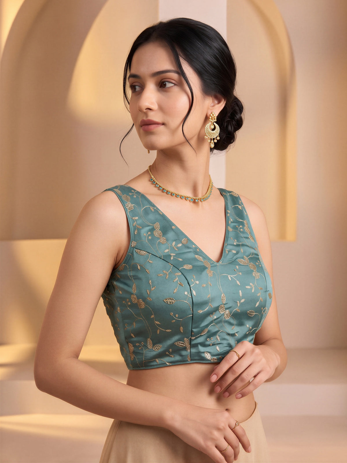 Turquoise Blue sequin embroidered vichitra silk sleeveless readymade saree blouse with v neck view 2