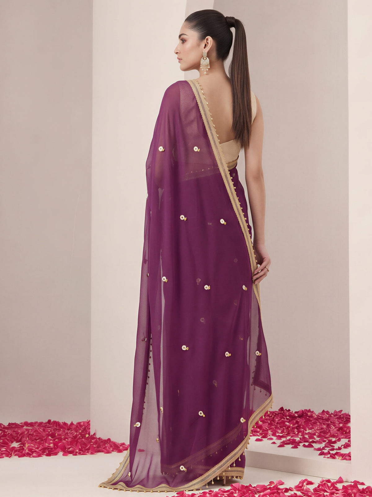 Wine poly georgette saree view 1