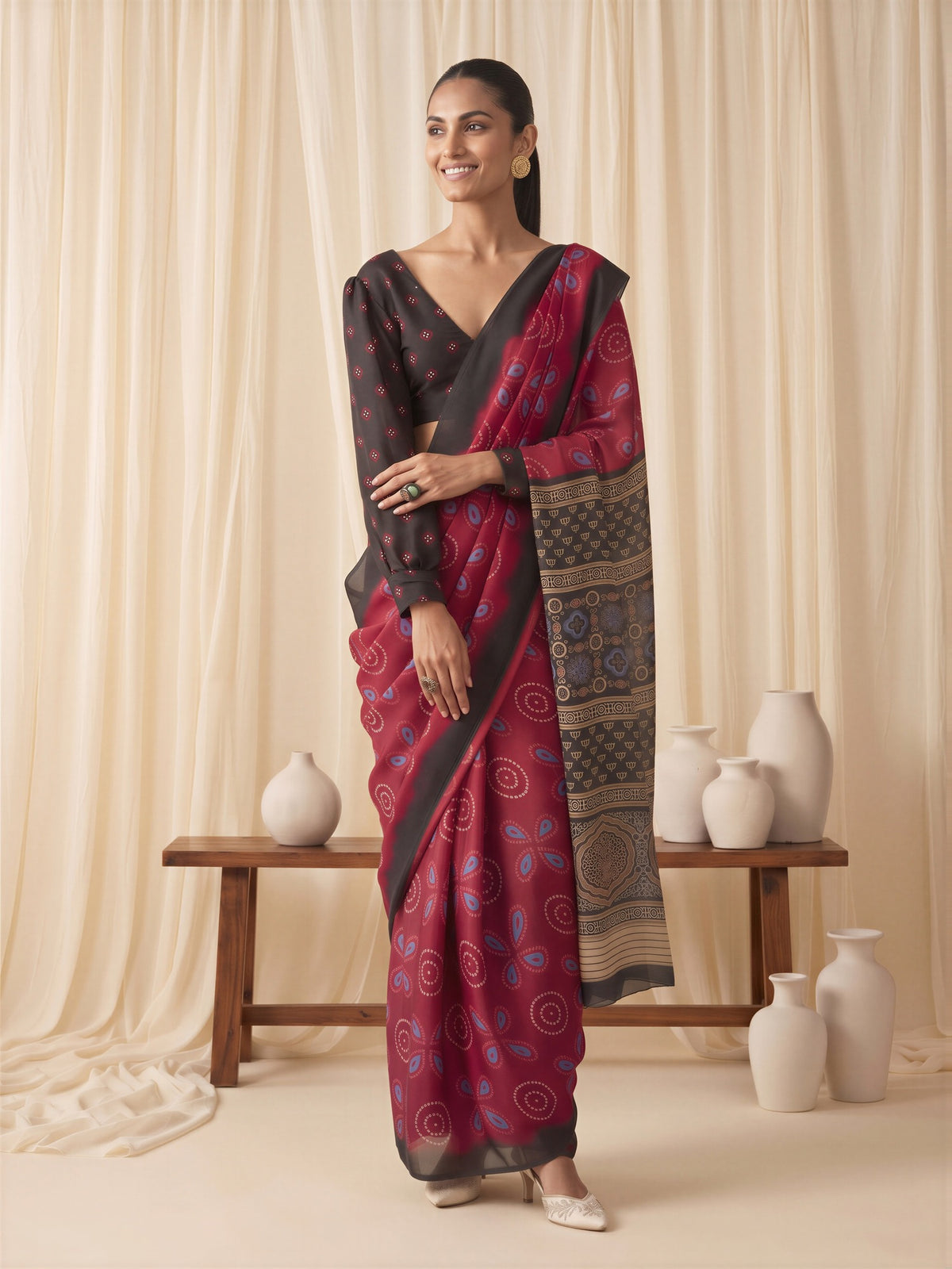 Maroon Satin saree – detail view 3