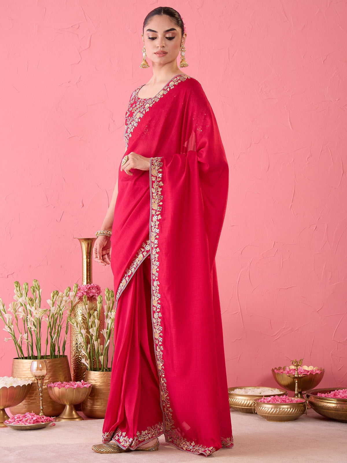 Pink Vichitra Silk saree – detail view 4