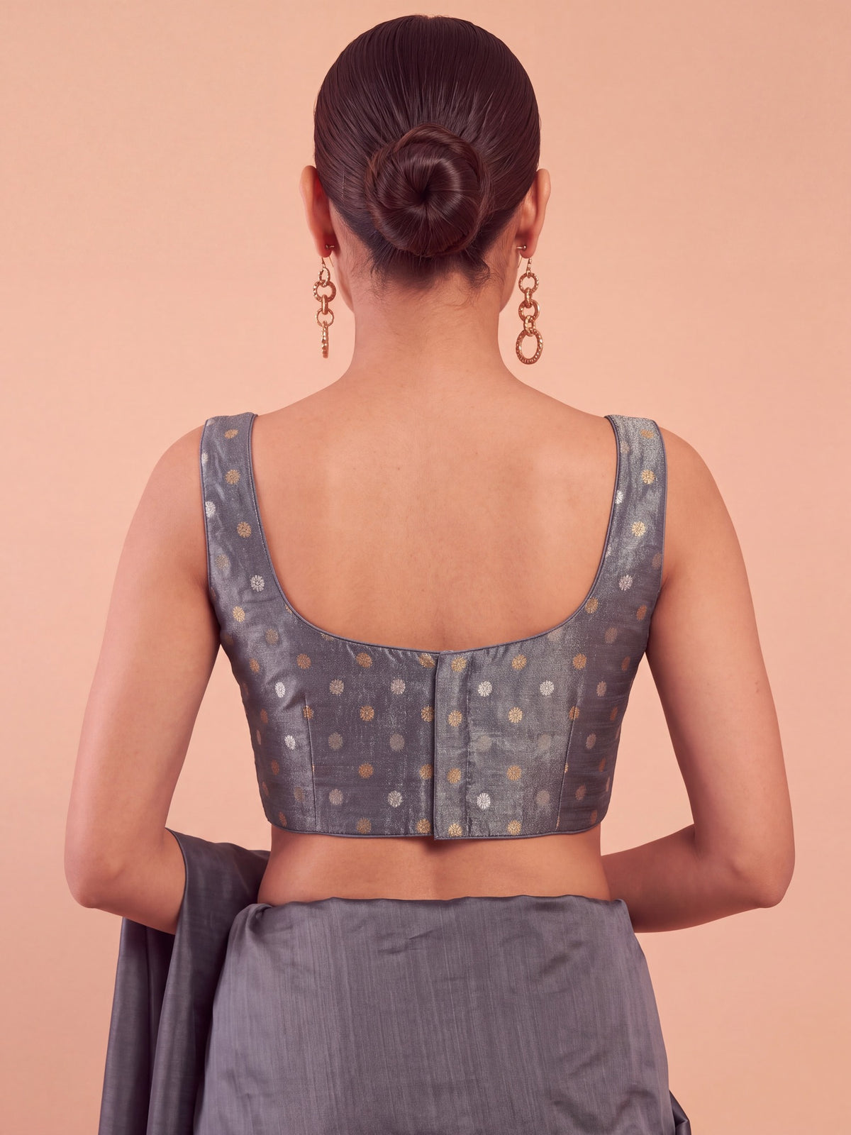 Charcoal Grey zari woven georgette sleeveless readymade saree blouse with round neck view 1