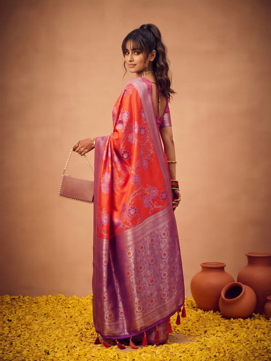 Red Satin Silk saree – detail view 1