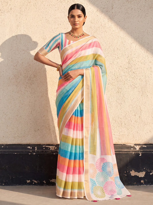 Woman wearing multicolored linen saree with striped pattern design and multicolored blouse