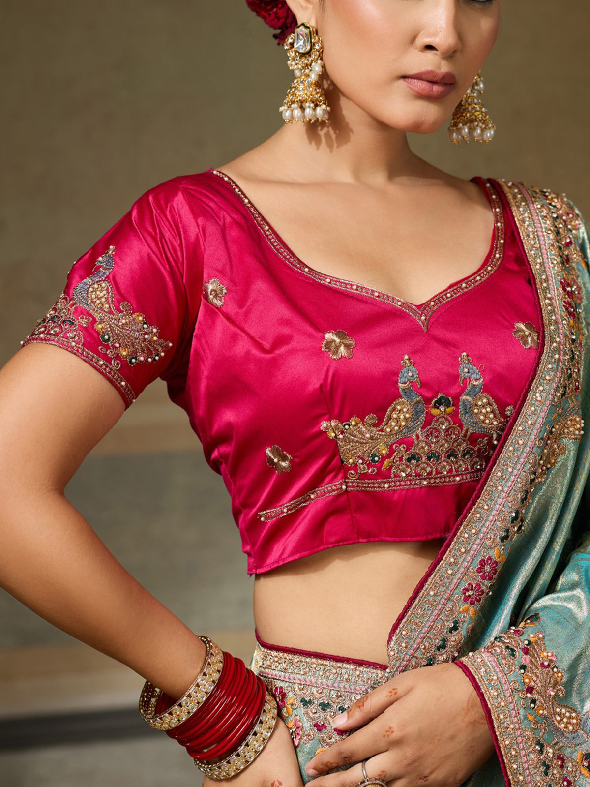 Unstitched pink  blouse piece with embellished design