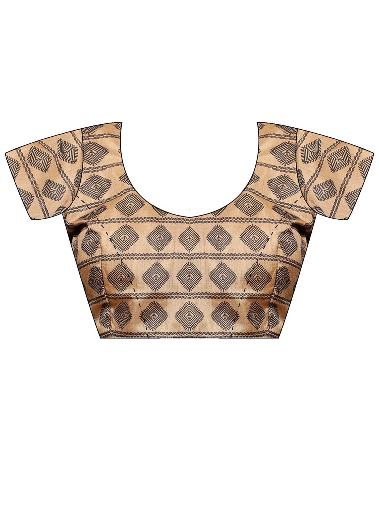 Unstitched beige silk blend blouse piece with geometric design