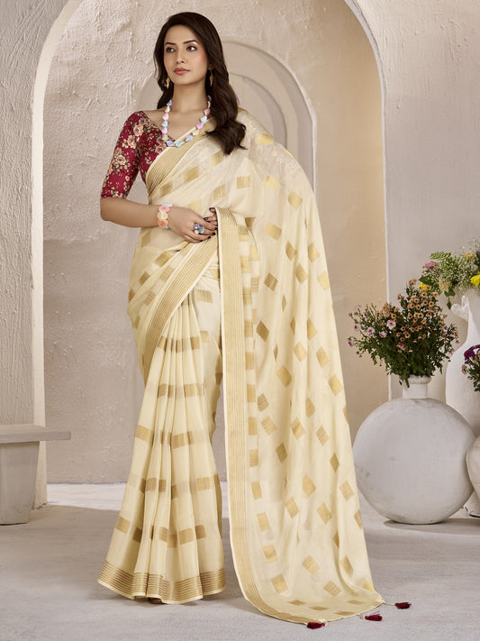 Cream zari butta georgette saree with maroon blouse piece