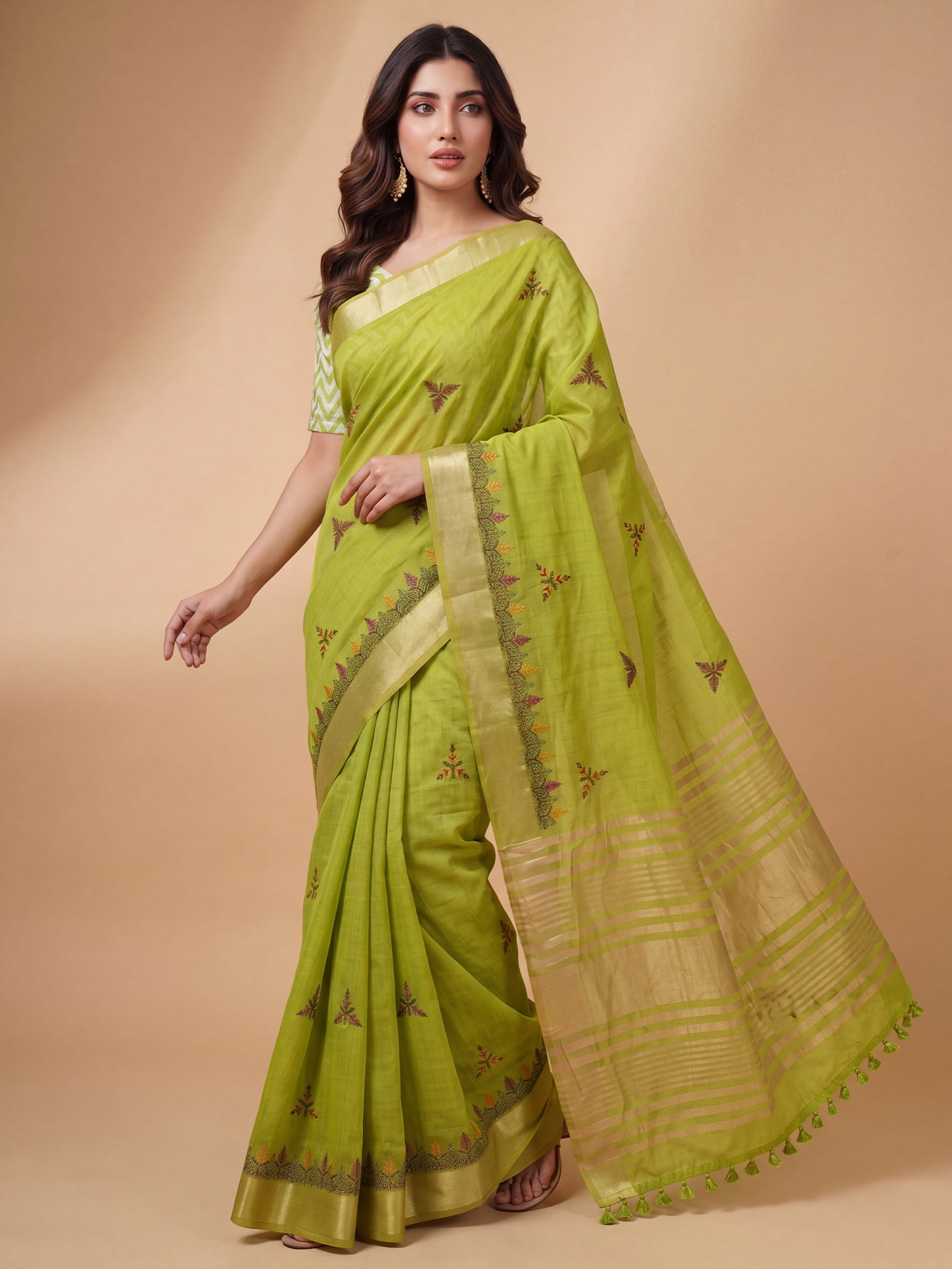 Lime Green Cotton Linen saree – detail view 2