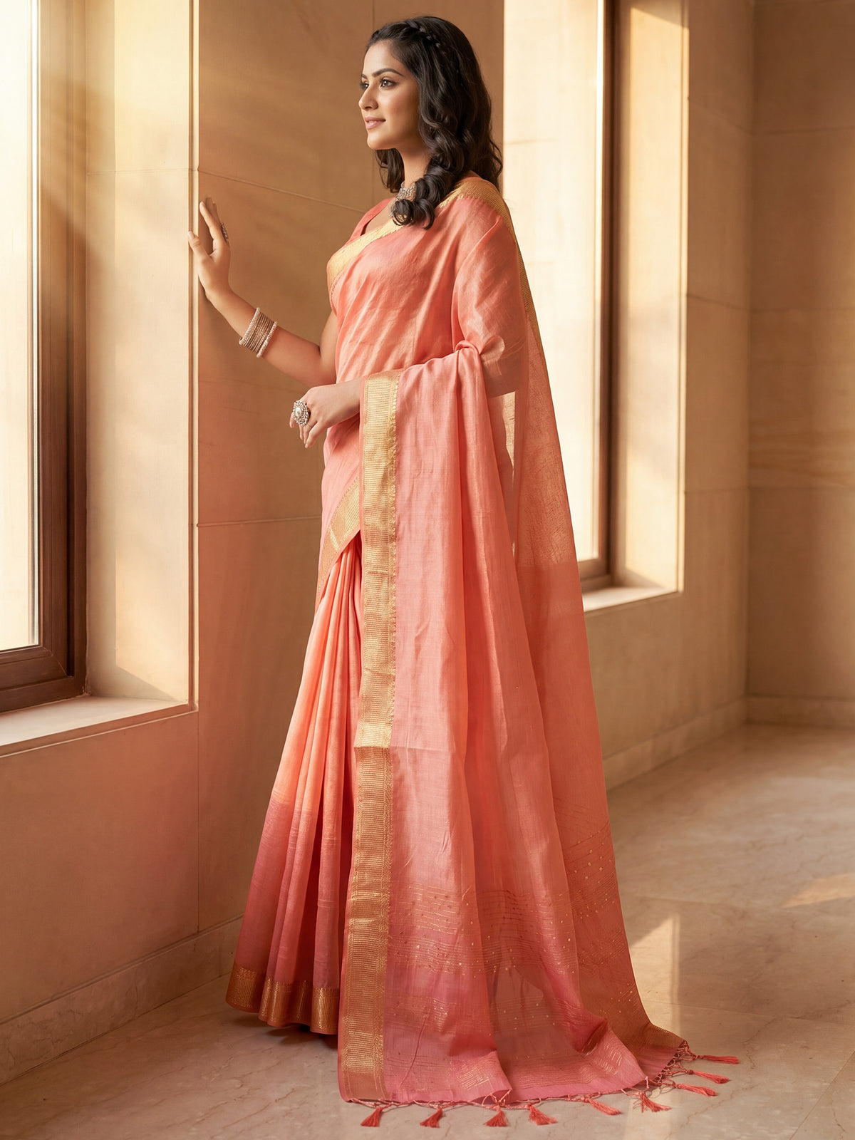 Peach Cotton Silk saree – detail view 2