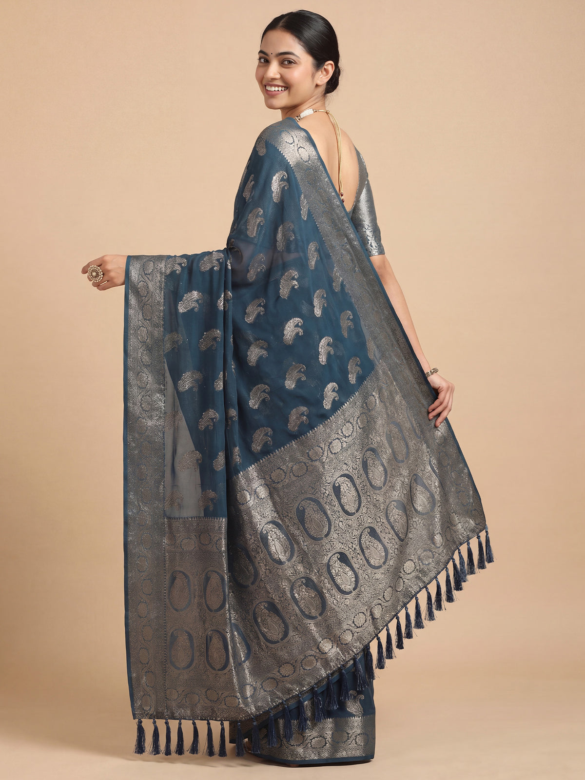 Teal Blue Georgette saree – detail view 1