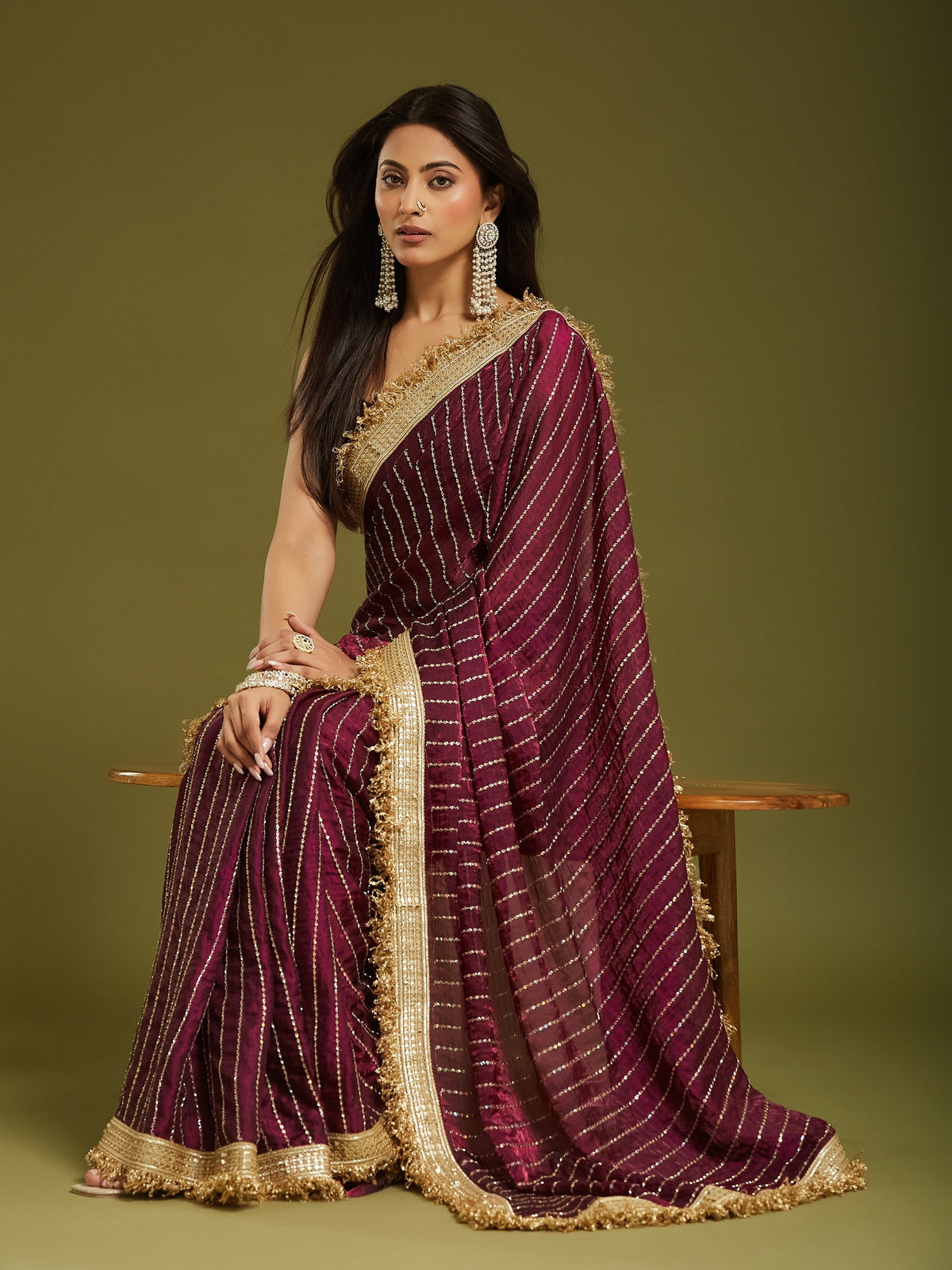Wine Satin saree – detail view 2