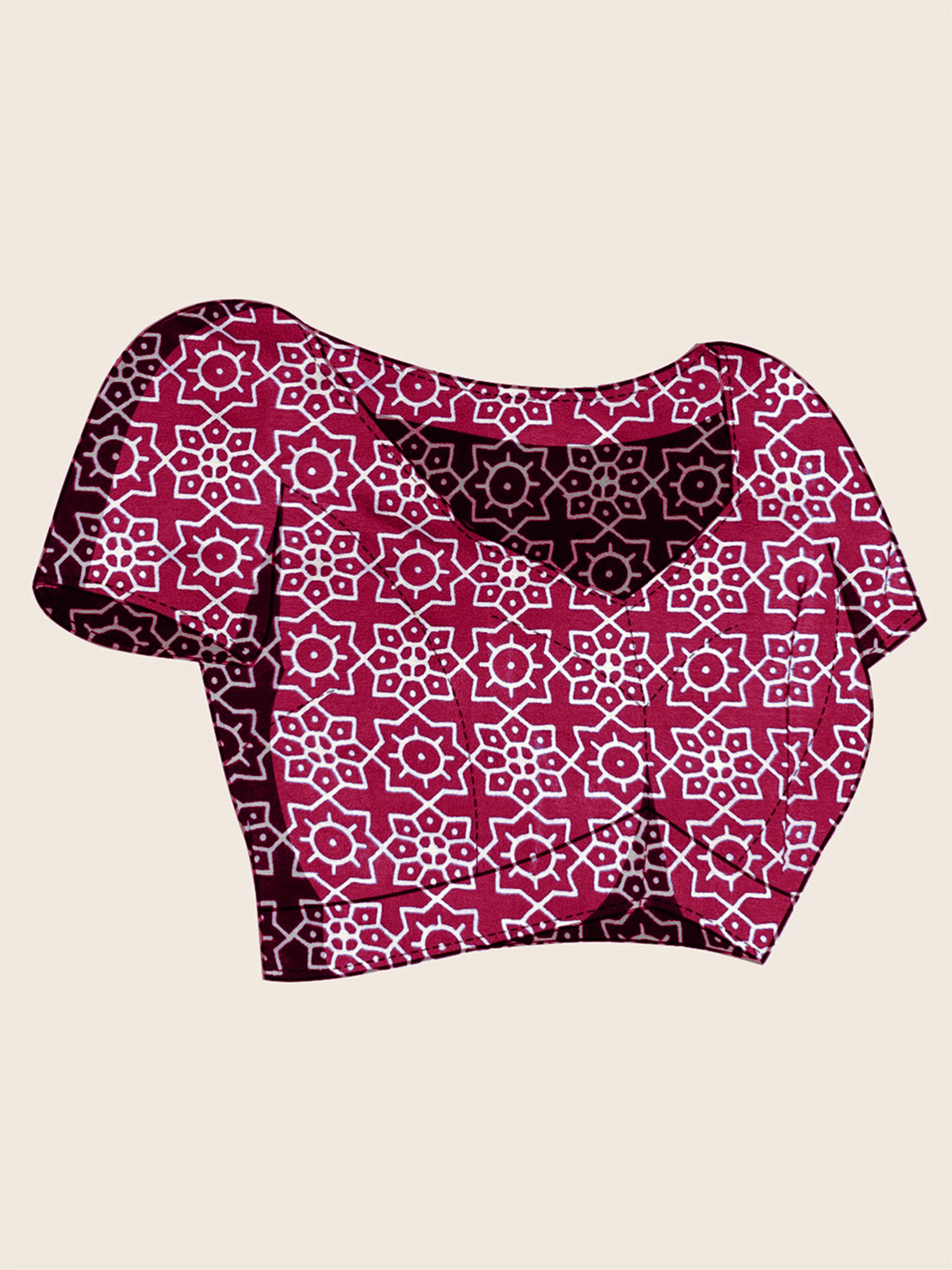 Unstitched burgundy satin blouse piece with ajrak design