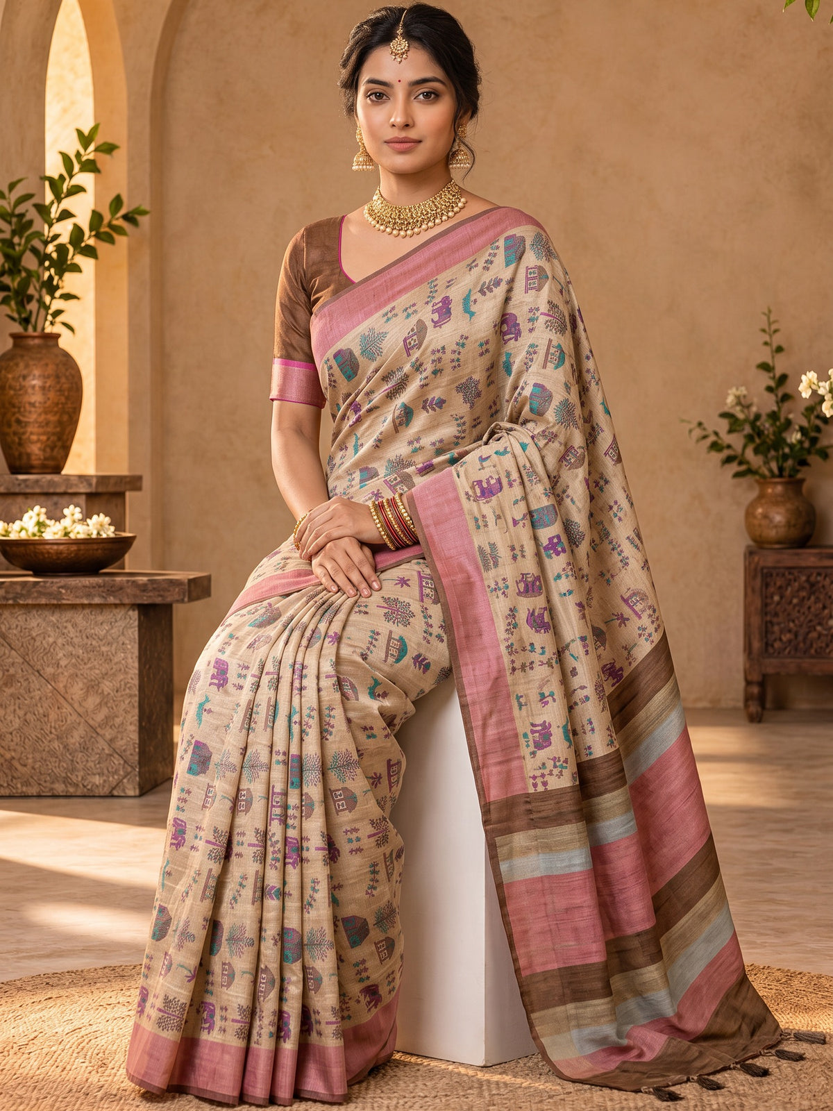 Beige soft silk saree view 2