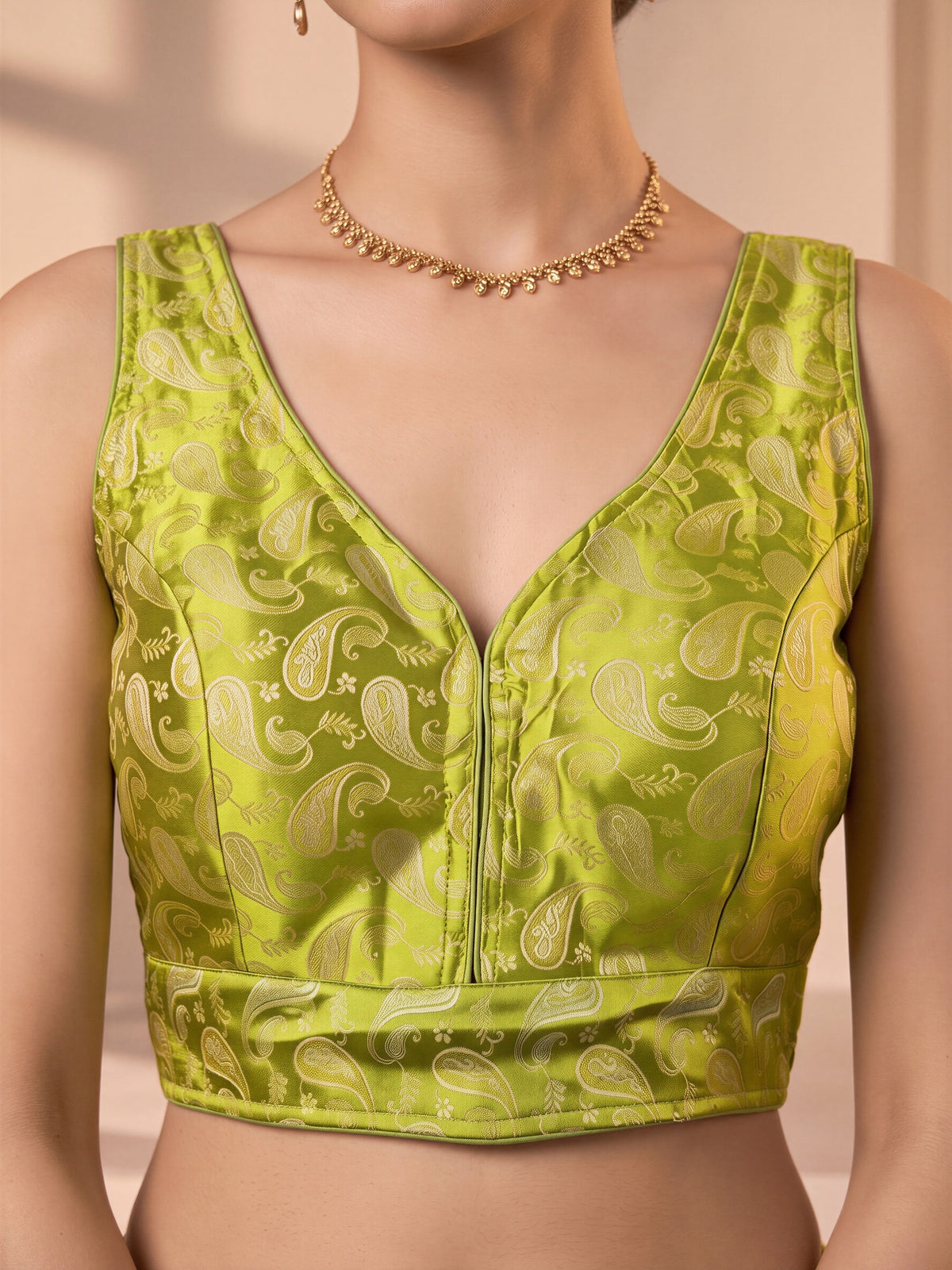 Lime Green woven brocade silk blend sleeveless readymade saree blouse with v neck view 4