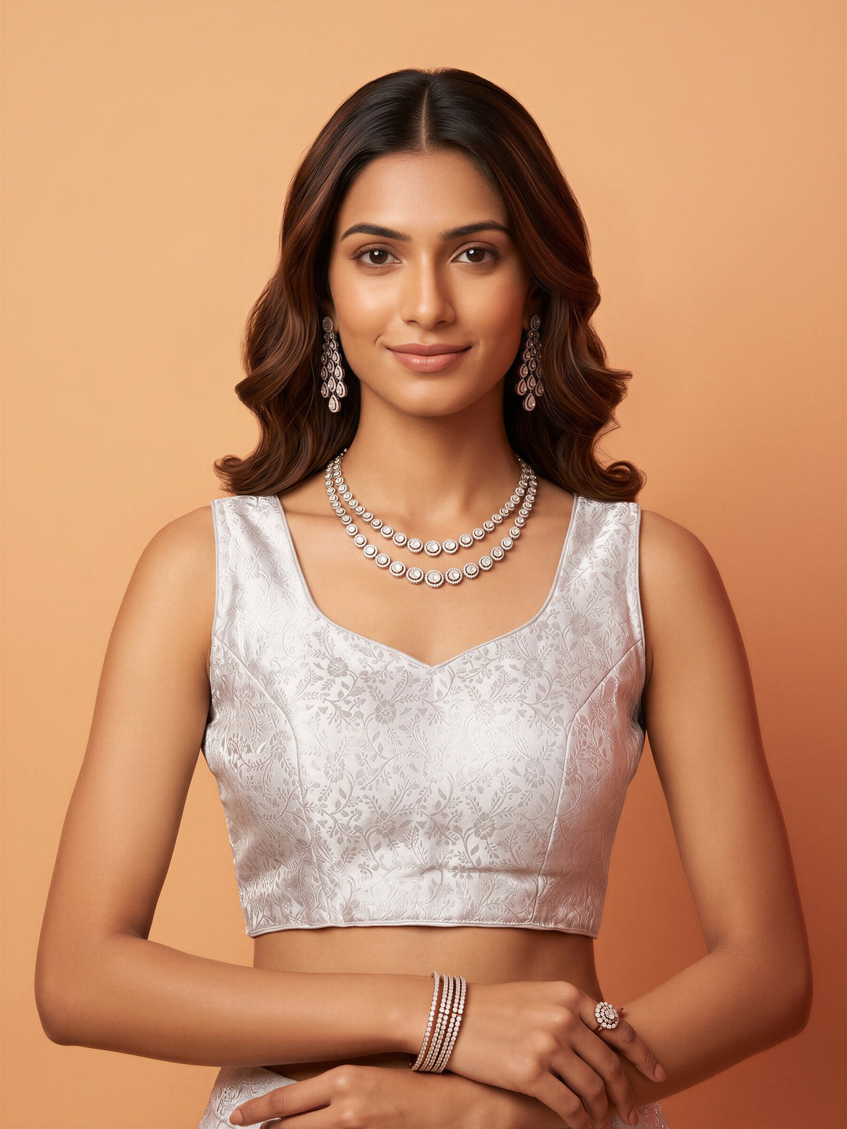 White woven brocade silk blend sleeveless readymade saree blouse with sweetheart neck