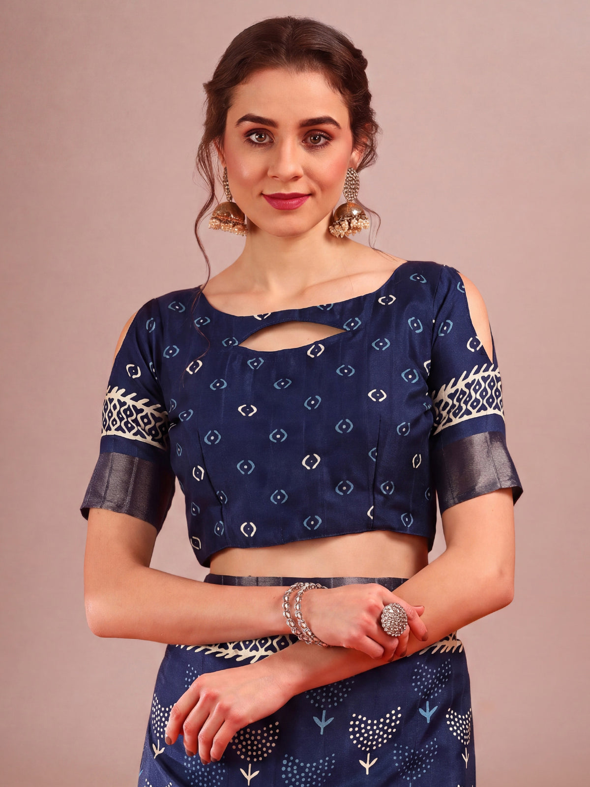 Unstitched navy blue cotton silk blouse piece with ethnic motif design