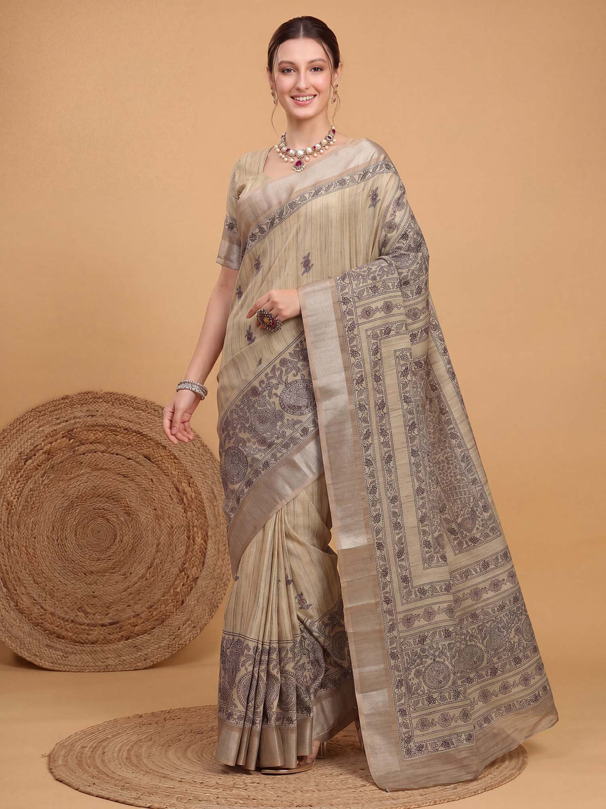 Beige Satin Silk saree – detail view 2