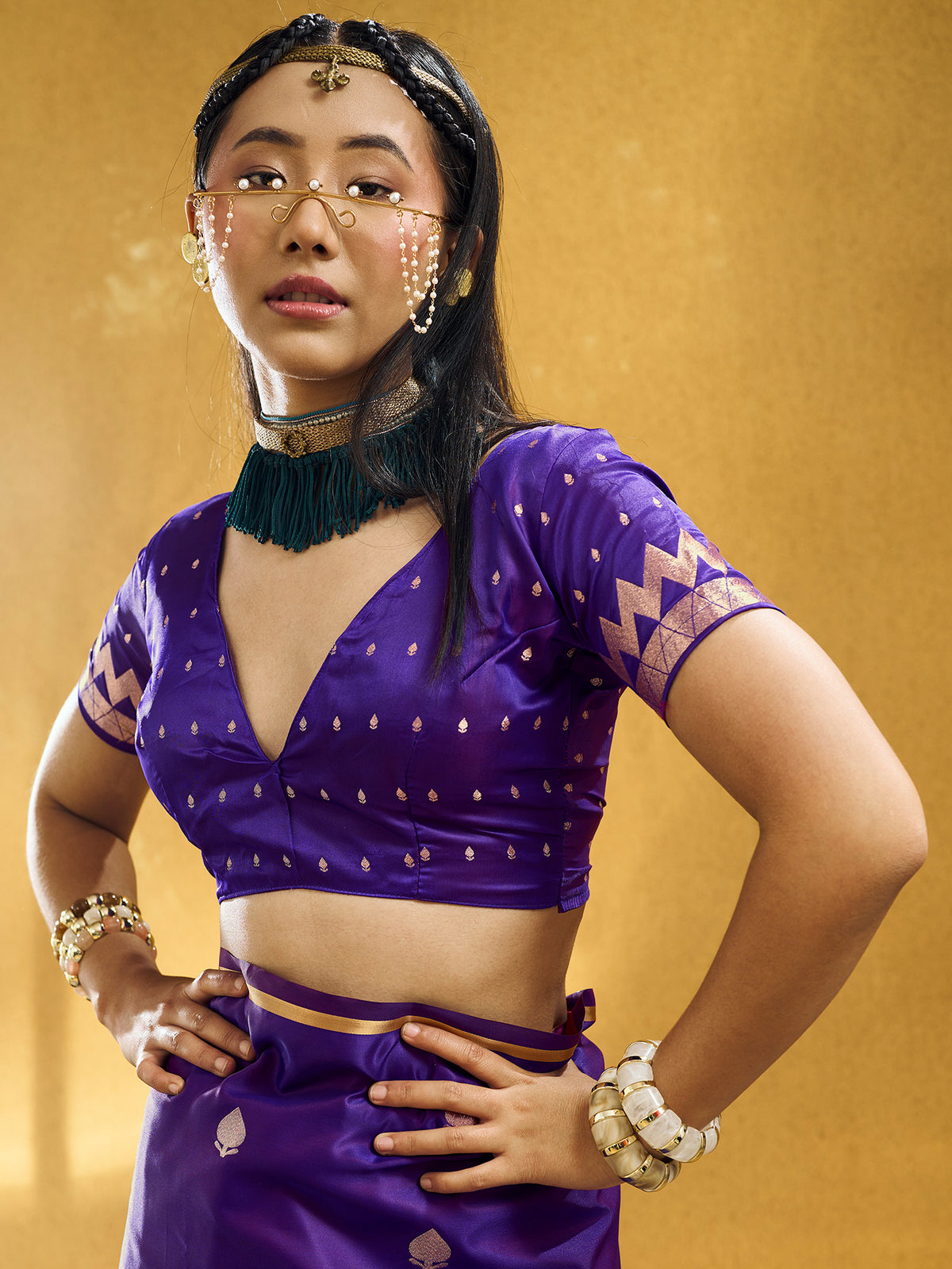 Unstitched purple satin silk blouse piece with zari butta design