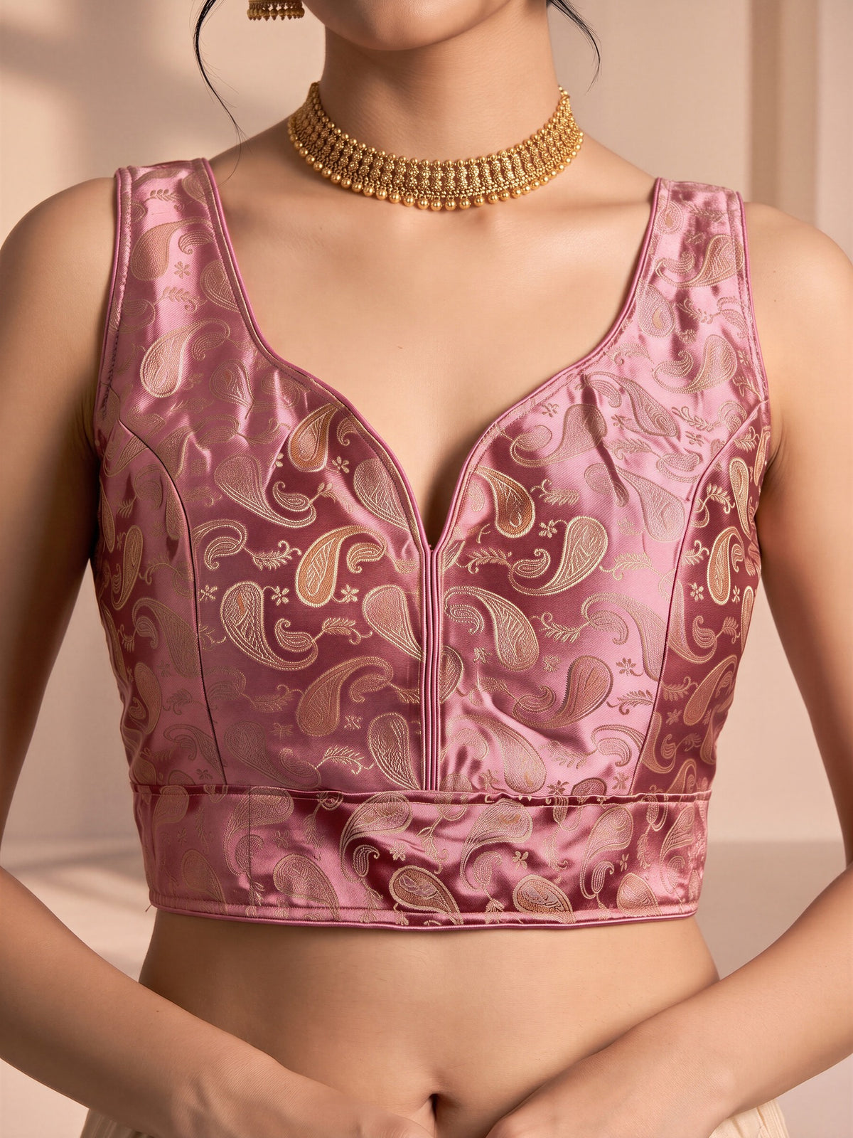 Mauve woven brocade silk blend sleeveless readymade saree blouse with v neck view 4