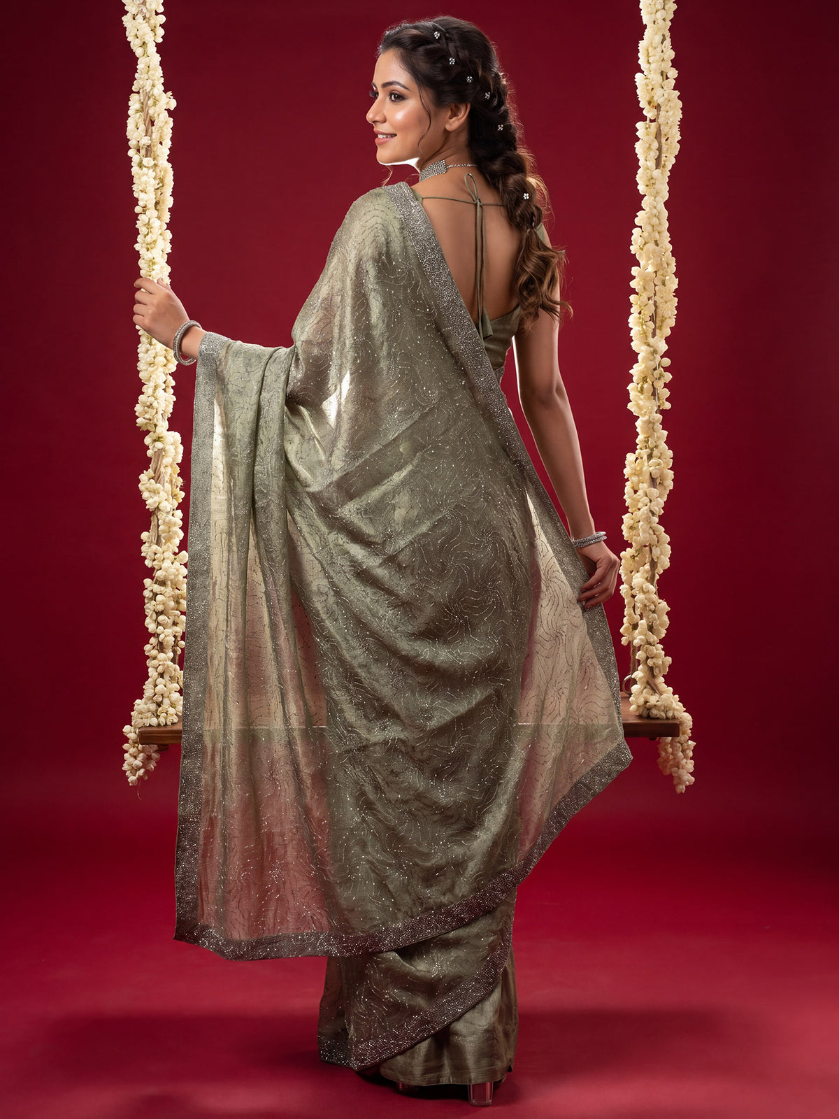 Olive Tissue saree – detail view 1