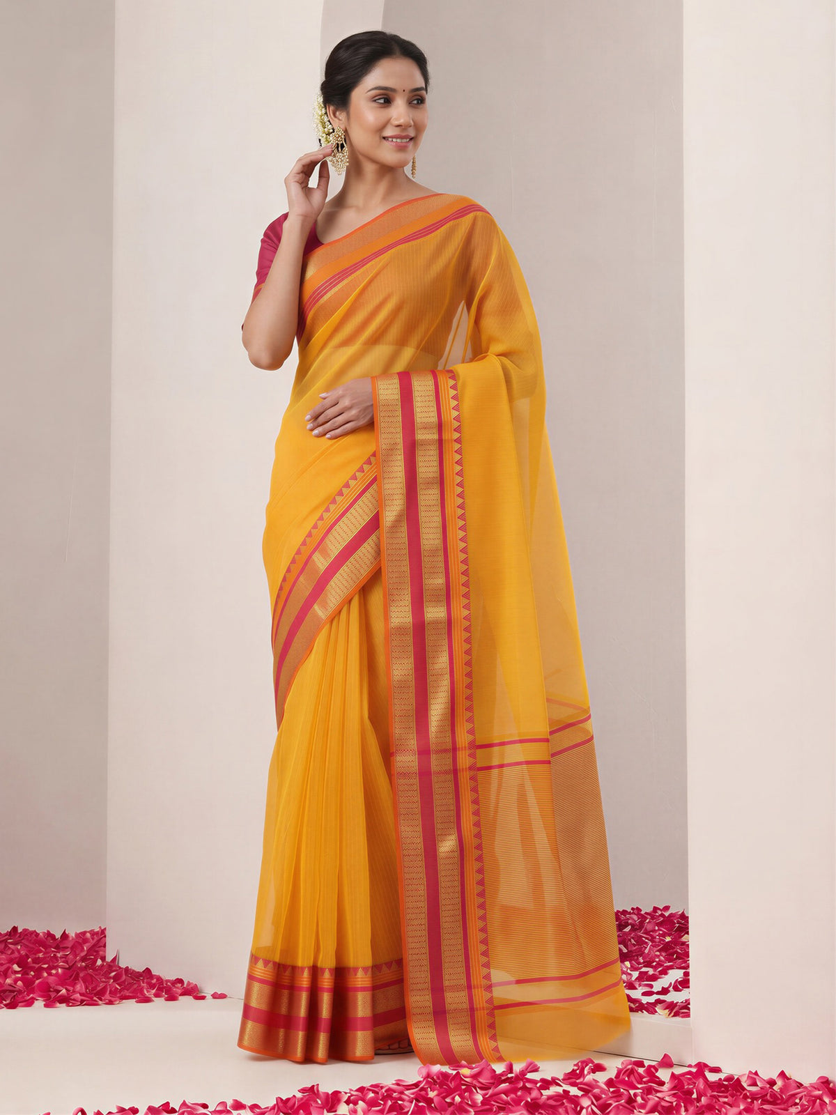 Mustard kota doria cotton saree view 3